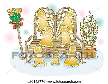 Stock Illustration - Painting of doll shaped cookies and Christmas ornaments, Illustration. Fotosearch