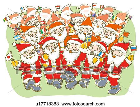 Painting of group of Santa Clauses with national flags in their hands, Illustration View Large Illustration Drawing - Painting of group of Santa Clauses with national flags in their hands, Illustration. Fotosearch