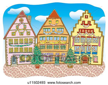 Painting of Houses in Christmas Decoration, Illustration Drawing | u11502493 | Fotosearch