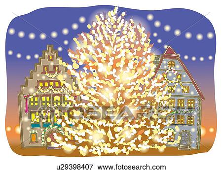 Painting of illumination of Christmas tree and houses, Illustration View Large Illustration Stock Illustration - Painting of illumination of Christmas tree and houses, Illustration. Fotosearch
