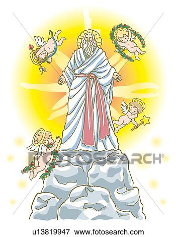 Stock Illustration - Painting of Jesus Christ and angels Illustration. Fotosearch