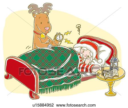 Drawing - Painting of reindeer trying to wake Santa Claus up, Illustration. Fotosearch