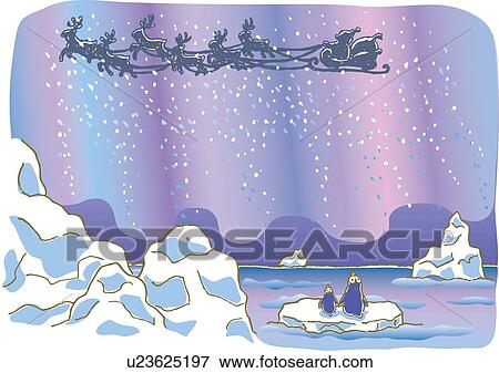 Stock Illustration - Painting of reindeers and Santa Claus Flying in the northern Lights, Illustration. Fotosearch