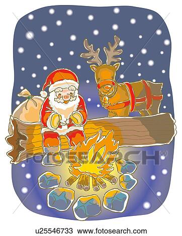 Drawing - Painting of Santa Claus and reindeer by the fire, Illustration. Fotosearch