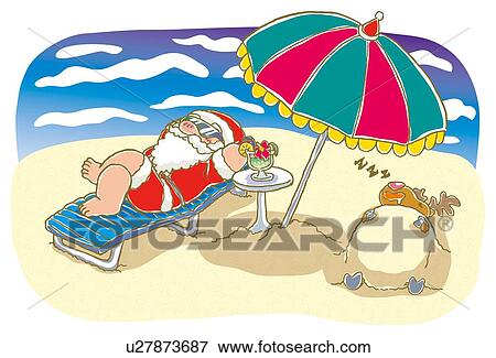 Stock Illustration - Painting of Santa Claus and reindeer on vacation, Illustration. Fotosearch