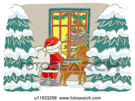 Painting of Santa Claus and reindeer watching inside the house, Illustration View Large Illustration Stock Illustration - Painting of Santa Claus and reindeer watching inside the house, Illustration. Fotosearch