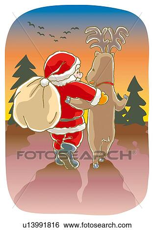 Stock Illustration - Painting of Santa Claus and reindeer going home, Illustration. Fotosearch