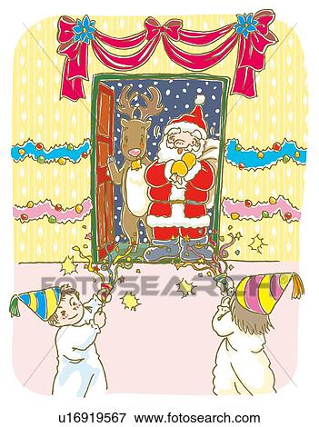 Painting of Santa Claus and reindeer visiting children, Illustration View Large Illustration Stock Illustration - Painting of Santa Claus and reindeer visiting children, Illustration. Fotosearch