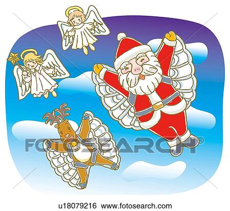 Painting of Santa Claus and reindeer flying with angels, Illustration View Large Illustration Stock Illustration - Painting of Santa Claus and reindeer flying with angels, Illustration. Fotosearch