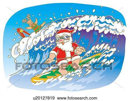 Stock Illustration - Painting of Santa Claus and reindeer surfing, Illustration. Fotosearch