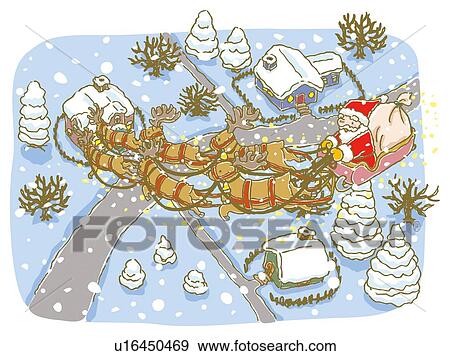 Stock Illustration - Painting of Santa Claus and reindeers flying above the town, Illustration. Fotosearch