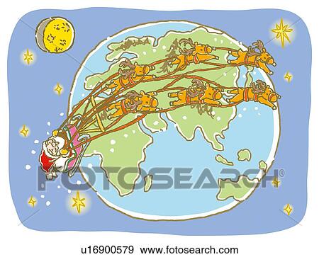 Painting of Santa Claus and reindeers flying around the earth, Illustration View Large Illustration Stock Illustration - Painting of Santa Claus and reindeers flying around the earth, Illustration. Fotosearch