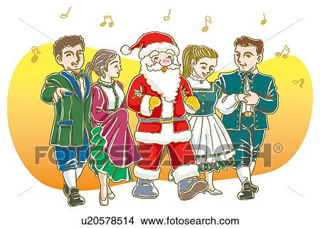 Stock Illustration - Painting of Santa Claus And Young Couples, Illustration. Fotosearch