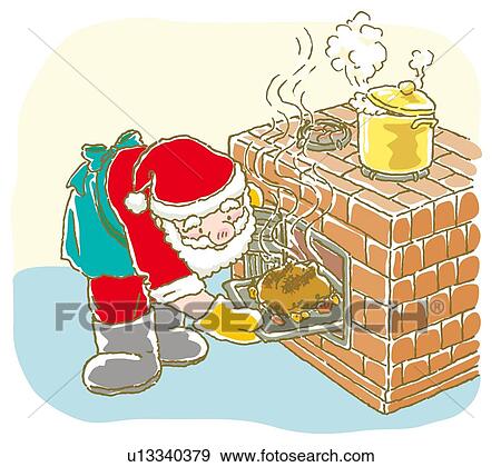 Stock Illustration - Painting of Santa Claus cooking turkey, Illustration. Fotosearch