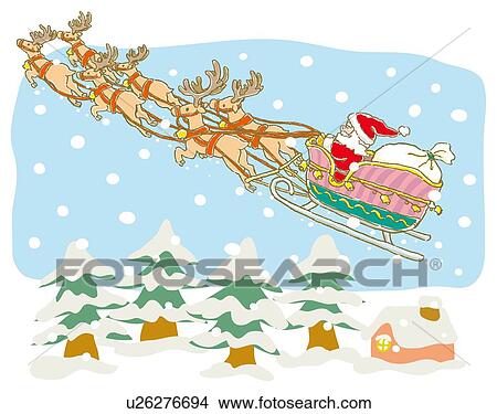 Stock Illustration - Painting of Santa Claus flying with reindeers, Illustration. Fotosearch