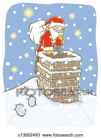 Painting of Santa Claus going into chimney pipe to deliver Christmas presents, Illustration View Large Illustration Drawing - Painting of Santa Claus going into chimney pipe to deliver Christmas presents, Illustration. Fotosearch