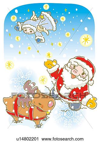 Clip Art - Painting of Santa Claus, reindeer, and angel looking snow Falling, Illustration. Fotosearch