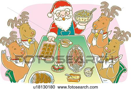 Painting of Santa Claus Serving Food to reindeers, Illustration View Large Illustration Clipart - Painting of Santa Claus Serving Food to reindeers, Illustration. Fotosearch