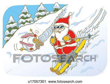 Painting of Santa Claus skiing and reindeer rolling down, Illustration View Large Illustration Clip Art - Painting of Santa Claus skiing and reindeer rolling down, Illustration. Fotosearch