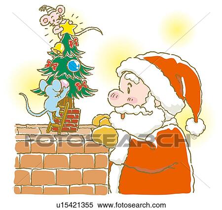 Stock Illustration - Painting of Santa Claus watching mouses decorating Christmas tree, Illustration. Fotosearch