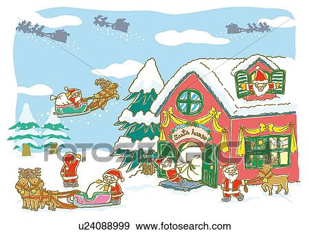 Stock Illustration - Painting of Santa Clauses and reindeers going to deliver Christmas presents, Illustration. Fotosearch