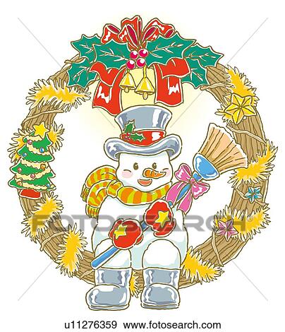Painting of snowman sitting on Christmas wreath, Illustration View Large Illustration Stock Illustration - Painting of snowman sitting on Christmas wreath, Illustration. Fotosearch