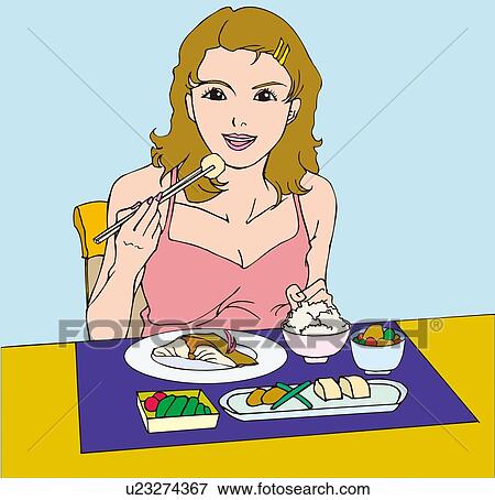 女性の 食べること 健康に良い食物 で 箸 微笑 正面図 イラスト U Fotosearch 女性の 食べること 健康に良い食物 で 箸 微笑 正面図 イラスト U Fotosearch
