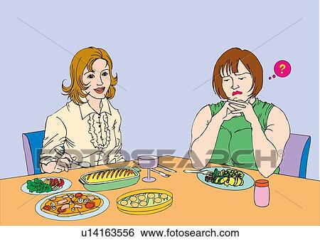 Two women sitting at table for dinner, front view View Large Illustration Stock Illustration - Two women sitting at table for dinner, front view. Fotosearch