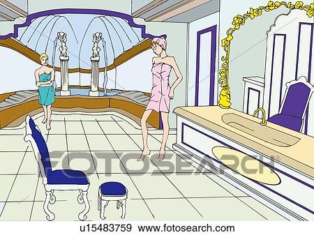 Two women standing and putting towels around body in beauty parlour, front view View Large Illustration Stock Illustration - Two women standing and putting towels around body in beauty parlour, front view. Fotosearch