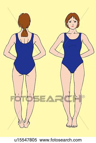 Stock Illustration - Two women standing with bow legs, front view, rear view. Fotosearch