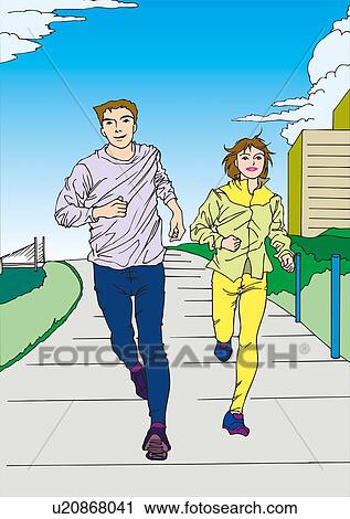 Woman and man running for exercise, front view View Large Illustration Clip Art - Woman and man running for exercise, front view. Fotosearch