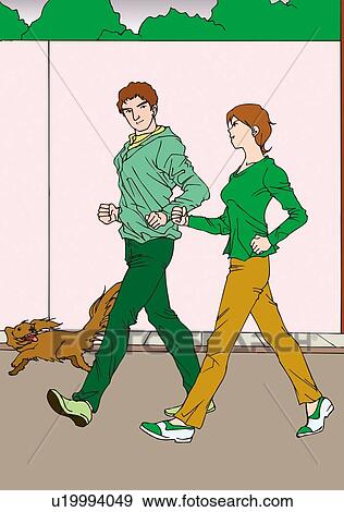 Stock Illustration - Woman and man walking for exercise with a dog, side view. Fotosearch