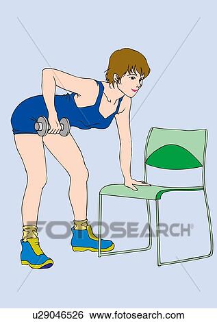 Stock Illustration - Woman bending over and lifting dumbbell, stretching, side view. Fotosearch