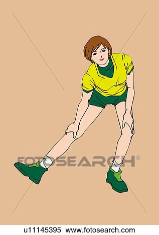 Stock Illustration - Woman bending over with hands on knee, stretching, front view. Fotosearch