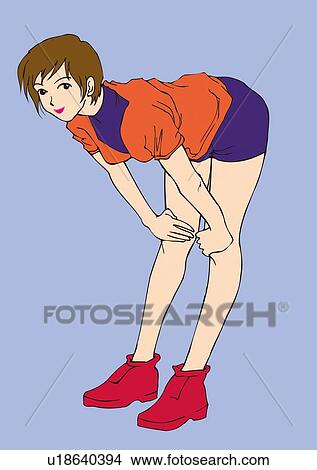 Woman bending over with hands on knee, stretching, side view View Large Illustration Stock Illustration - Woman bending over with hands on knee, stretching, side view. Fotosearch