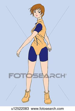 Drawing - Woman doing twisting exercise, front view. Fotosearch