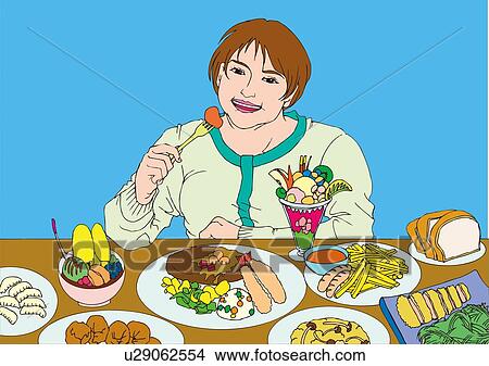 Woman eating various food, front view View Large Illustration Stock Illustration - Woman eating various food, front view. Fotosearch