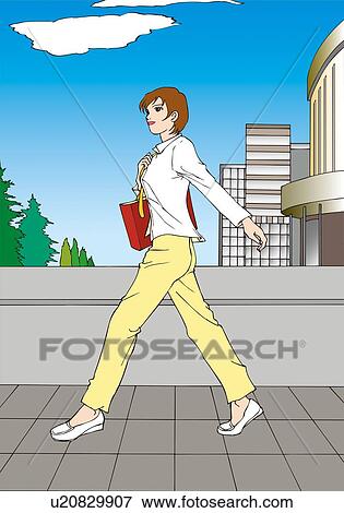 Stock Illustration - Woman holding a bag and walking down street, side view. Fotosearch