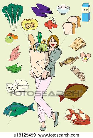 Stock Illustration - Woman holding a paper bag filled up with food among imagination of food, front view. Fotosearch