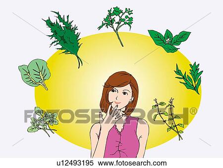 Woman imaging nutritional balance, front view View Large Illustration Stock Illustration - Woman imaging nutritional balance, front view. Fotosearch