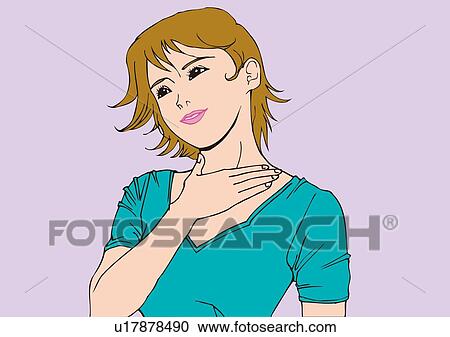 Clipart - Woman leaning head and putting hand on her neck, front view. Fotosearch