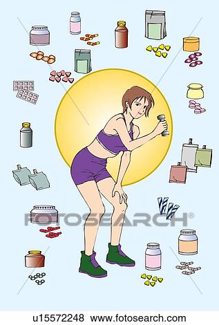 Woman lifting dumbbell, stretching, supplement images View Large Illustration Stock Illustration - Woman lifting dumbbell, stretching, supplement images. Fotosearch