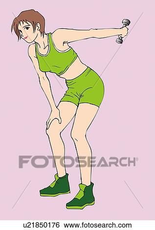 Stock Illustration - Woman lifting dumbbell to back, stretching, side view. Fotosearch
