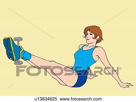 Stock Illustration - Woman lifting dumbbell with legs, stretching, side view. Fotosearch