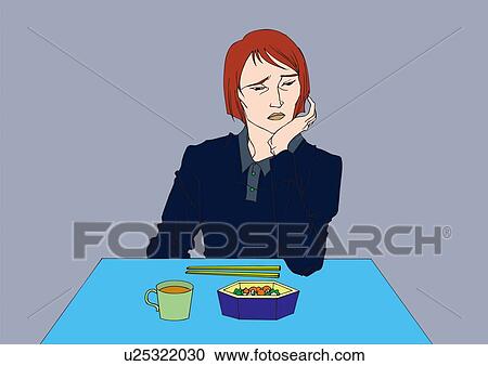 Woman losing appetite and looking away from food on table, unhappy, front view View Large Illustration Clipart - Woman losing appetite and looking away from food on table, unhappy, front view. Fotosearch