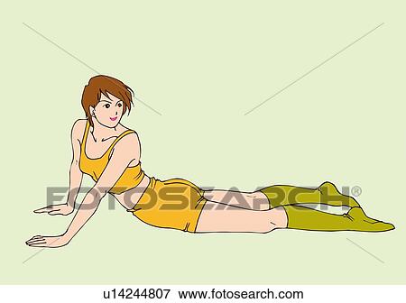 Stock Illustration - Woman lying down and looking back, stretching, side view. Fotosearch