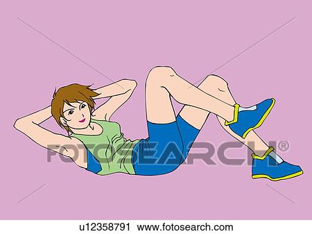 Woman lying on her back, sit-ups, side view View Large Illustration Clip Art - Woman lying on her back, sit-ups, side view. Fotosearch