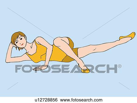 Stock Illustration - Woman lying on her side with head propped on right elbow, stretching, front view. Fotosearch