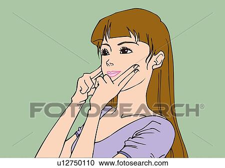 Clipart - Woman putting fingers on her cheeks, side view. Fotosearch