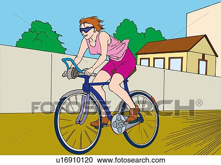 Clipart - Woman riding on bicycle, exercising, low angle view. Fotosearch